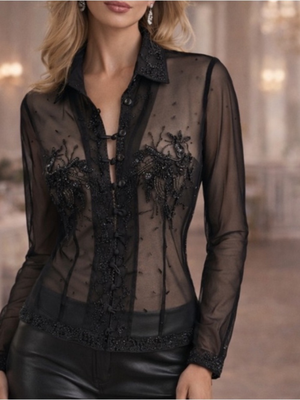 VTG Caché,Sheer Beaded Mesh Blouse 90s Y2K Evening Goth Glam Stretch Top Size L - Picture 7 of 12